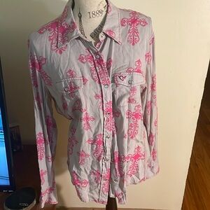Cowgirl Hardware Pink Cross Printed Snap Up Blouse